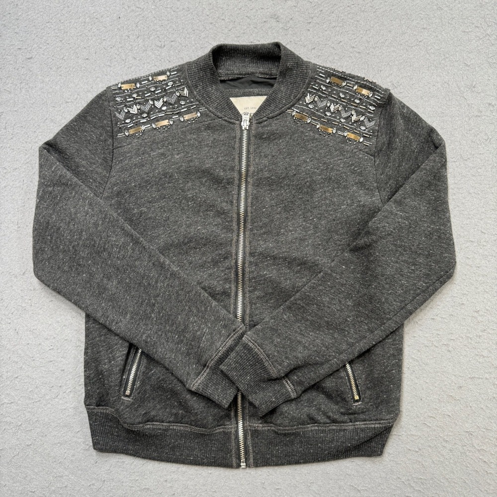 Abercrombie & Fitch Bomber Jacket Women's Small Gray Embellished Beaded Outdoor